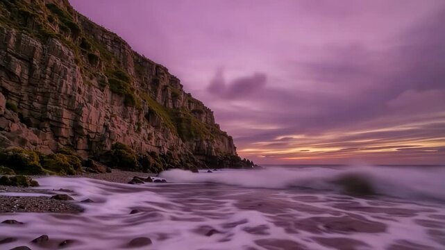 Dramatic seaside cliffs and flowing surf shift from golden sunset to purple dusk along a rugged rocky shoreline, tranquil coastal landscape time lapse