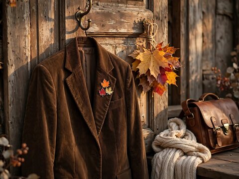 A brown corduroy blazer hanging on a wooden door hook with a decorative autumn maple leaf brooch, a leather satchel, and a white knitted scarf nearby