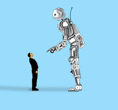 Giant robot scolds a small man on a blue background