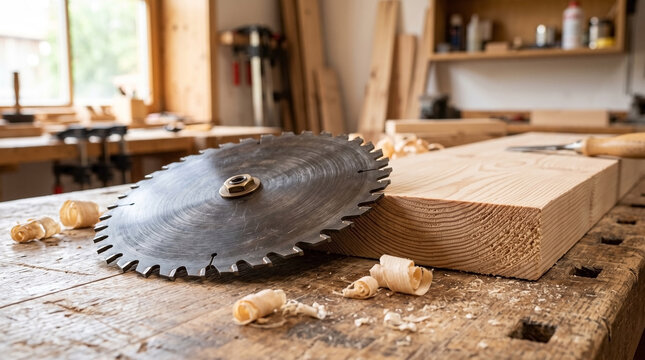 Retro circular saw blade on wooden workbench with fresh wood shavings and cut lumber. Retro saw blade rests beside smooth wood planks and scattered shavings, showcasing craftsmanship in woodwork.