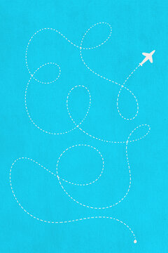 Minimalist illustration of airplane flight path on blue background