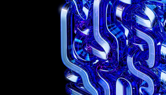 Abstract 3d glass maze flows with blue neon light on black background