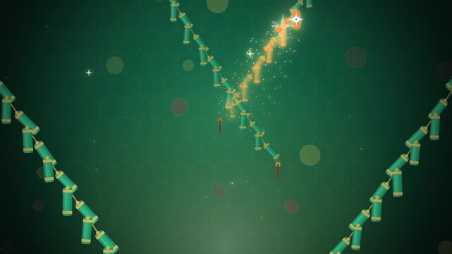 Green and gold firecracker strings crossing diagonally seamless loop
