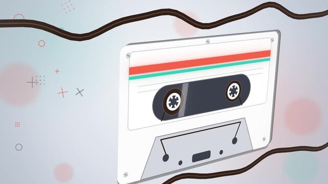 Retro cassette tape close-up with reels spinning on white background