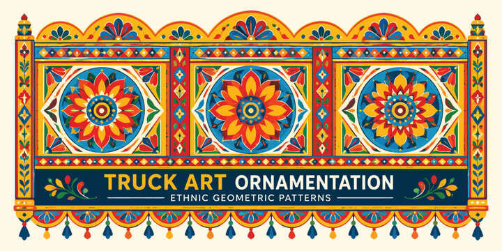 Truck art ornamentation ethnic geometric patterns, vibrant floral mosaic border vector design, traditional ornate banner