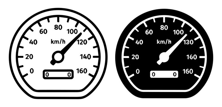 Speedometer icons with needle and odometer showing kilometers per hour in black and white
