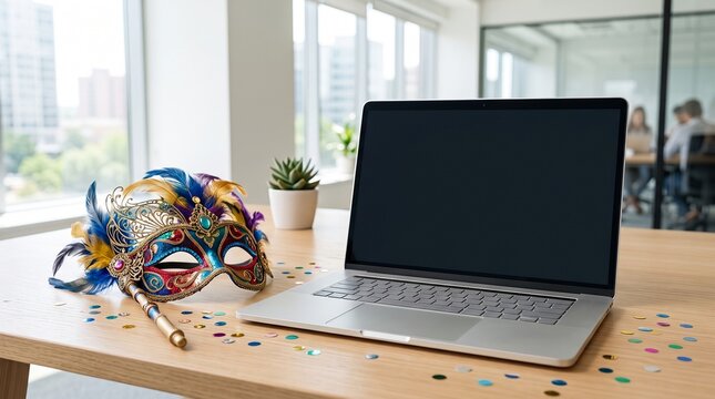 Open laptop with carnival mask and confetti in bright modern office