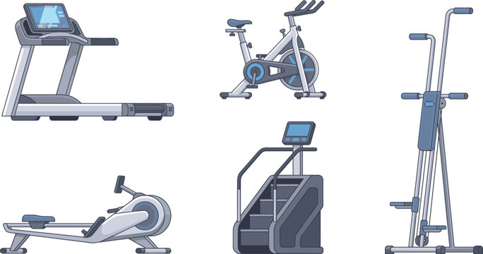 Cardio gym fitness equipment set with treadmill, exercise bike, and machines vector.