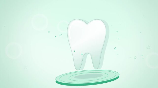 Close-up white molar on mint green glass podium seamless loop