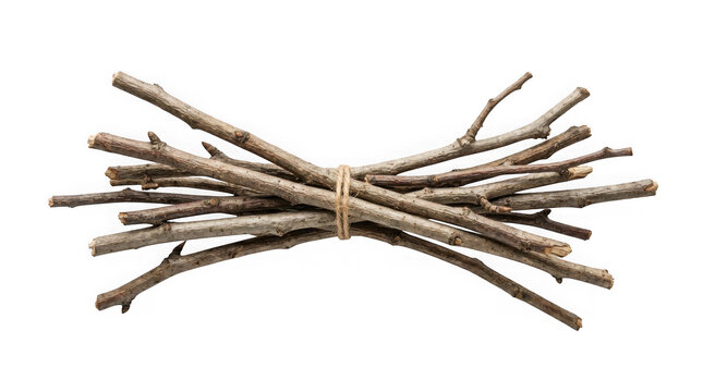 A tightly bound collection of small dry twigs secured together with natural twine on a clear background