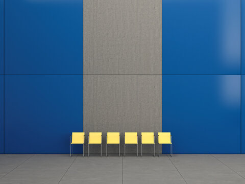 Row of six yellow chairs in a lobby, 3D Rendering