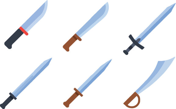 Swords Vector Collection Featuring Knight Broadsword, Sabre, Hunting Knife, Machete, Dagger, and Battle Blade Weapon Icons Set