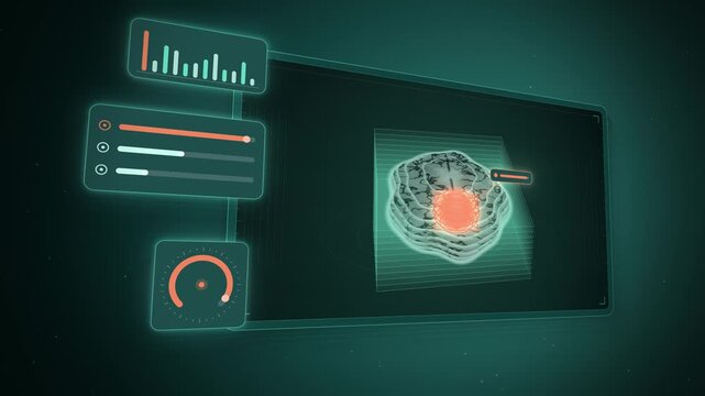 AI brain MRI highlighting an orange lesion in 3D on dark teal