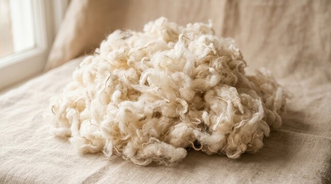 Pile of soft, natural, raw wool fibers on a textured linen cloth, ready for crafting projects