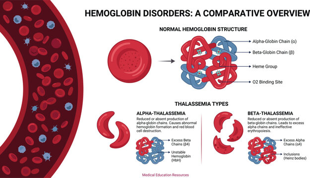 Hemoglobin disorders and thalassemia types comparison, medical educational vector infographic diagram for hematology