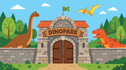 Dinosaur park entrance gate vector illustration, cartoon dinopark stone archway with t-rex and brachiosaurus © Anas