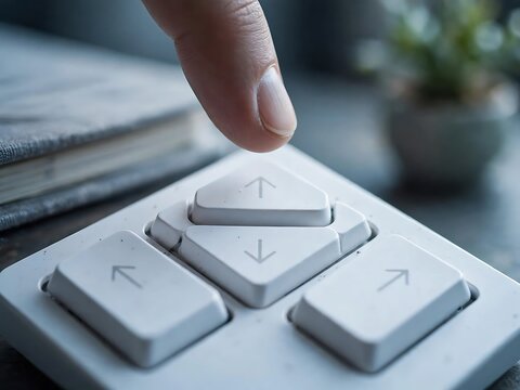 A close-up view of a finger pressing down on a white plastic button with an upward arrow symbol on a control panel with other navigation keys and a notebook