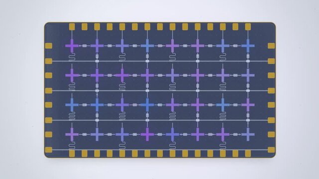 Blue quantum processor chip with qubit grid on white seamless loop