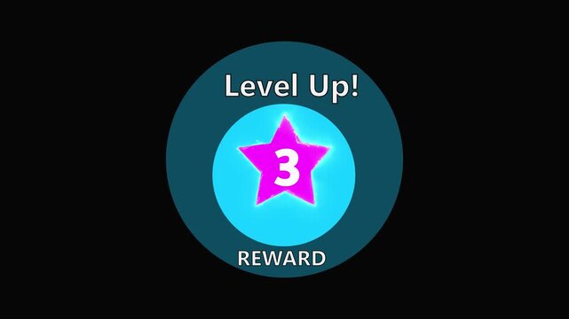 Minimalist gaming level up! icon symbolizing progression and achievements,  featuring reward 3 'level up' alert. Neon game complete screen interface with mission reward. 4k video
