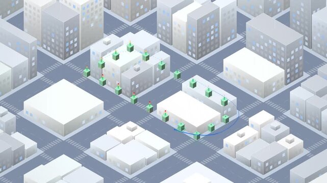 Isometric daylight city smart waste bins and garbage truck route