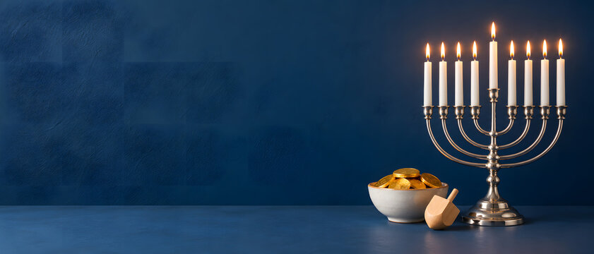 Lit hanukkiah and dreidel on blue background with copy space