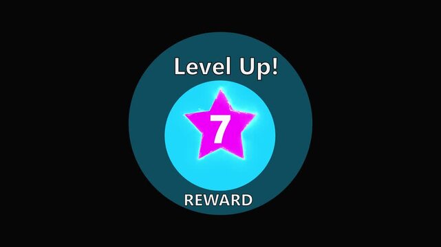 Minimalist gaming level up! icon symbolizing progression and achievements,  featuring reward 7 'level up' alert. Neon game complete screen interface with mission reward. 4k video