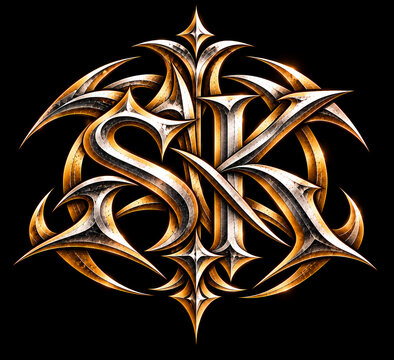 イニシャル「SK」をモチーフにした抽象的な高級エンブレム。ゴールドとシルバーの立体的な流線が美しいモノグラムシンボルマーク。 