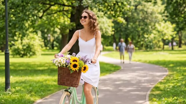 Woman Riding Bicycle with Flowers in Green Park