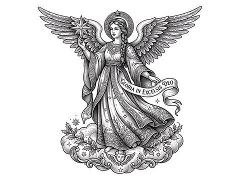 Angel holding star with wings and halo on cloud