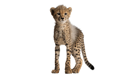 Small wild african cheetah cub standing full body profile isolated on transparent background © Archie