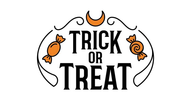 Vintage style trick or treat lettering with candy and crescent moon illustration