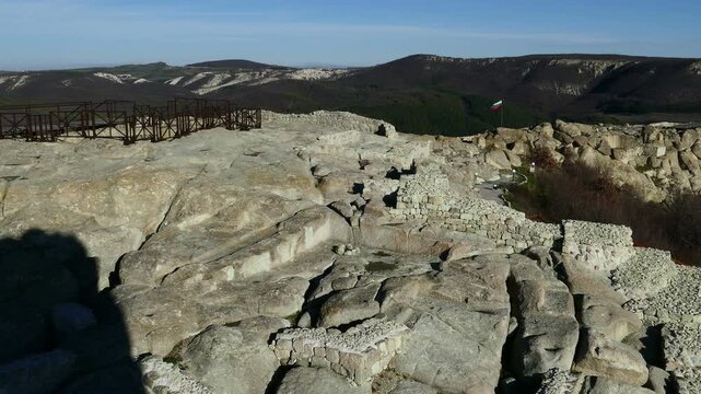 Ancient Thracian settlement Perperikon in Eastern Rhodopes Bulgaria. Archaeological site from the Chalcolithic era 8000 years ago. Historic ruins for history and archaeology presentations.