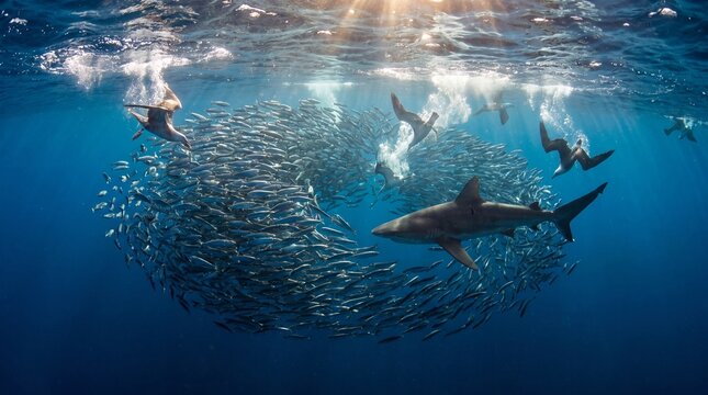 Swirling Sardine Bait Ball Attacked by Diving Seabirds and Sharks