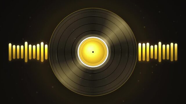 Golden vinyl record rotating with pulsing audio soundwave equalizer bars