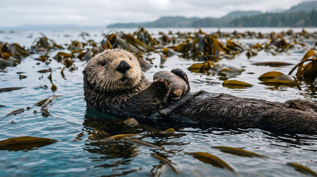 Sea Otter Floating with Shell in Kelp Bay