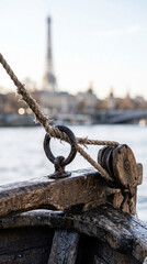 Fototapeta premium Thick Marine Nautical Mooring Rope Tied to Steel Pier Cleat