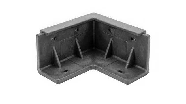 Detailed close up view of a gray metallic right angle corner bracket with mounting holes on a clear background
