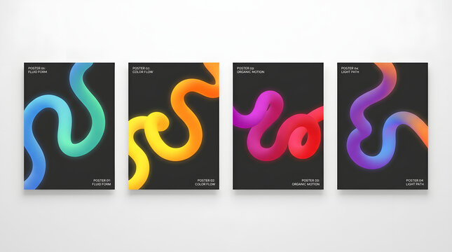 Set of four abstract posters with colorful fluid 3d shapes
