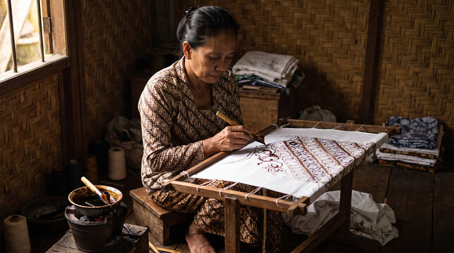 Woman Applying Wax with Canting Tool to Fabric in Traditional Batik Workshop