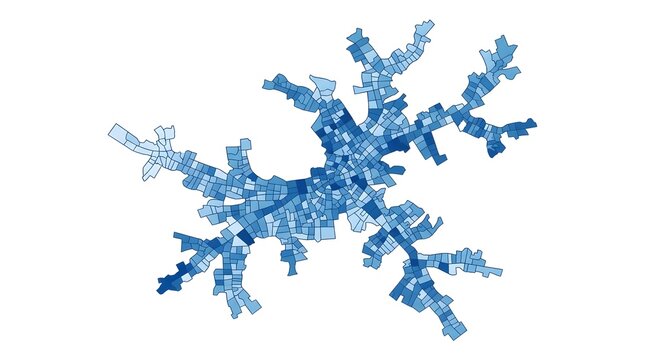 Detailed demographic blue map graphic showing urban districts with various shades representing population density distribution across city sectors