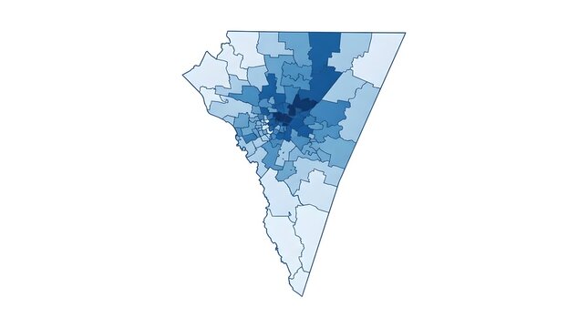Detailed blue choropleth map showing regional population density statistics across multiple municipal districts with clear borders