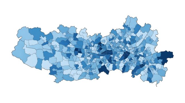 Detailed blue choropleth map showing regional census data distribution with multiple administrative divisions displayed across white background