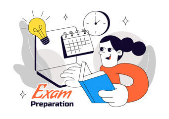Obraz premium Exam Preparation Vector Illustration featuring Students Studying, Academic Books, School Supplies, Learning Activities, and Education Concept