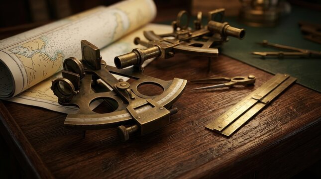 Vintage brass sextant and navigational tools on a wooden table with old maps