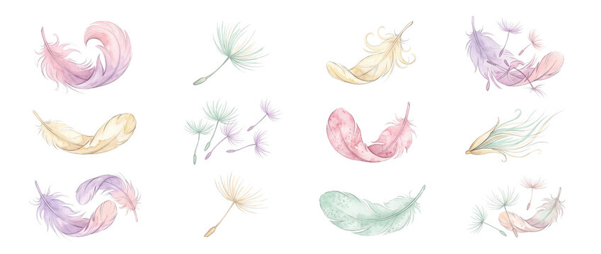 Watercolor feather dandelion seeds set floating in pastel colors for wedding design, boho decoration, invitations, aesthetic watercolor illustration elements isolated on dark black background.