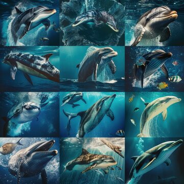 A variety of marine species; a collage of various marine mammals, including whales, dolphins, seals, manatees, etc 