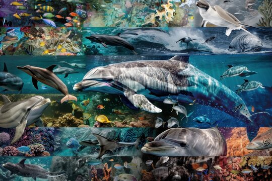 A variety of marine species; a collage of various marine mammals, including whales, dolphins, seals, manatees, etc 