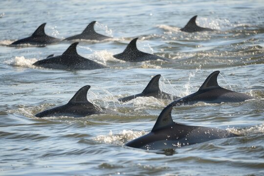 Dolphins in a pod, a group of dolphins swimming together in the ocean  