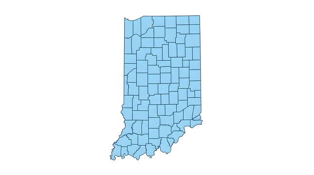 Detailed blue vector outline map of Indiana state highlighting individual counties with clear borders on white background