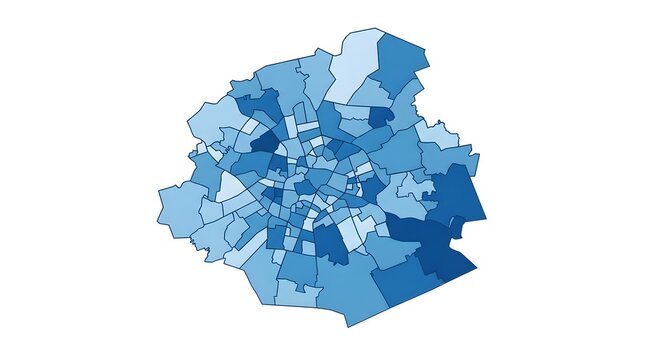 Detailed blue vector map of Brussels districts showing urban layout boundaries and administrative regions in graphic illustration design